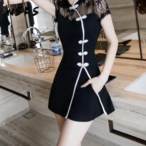 

2 Piece Set Summer Dress Black Cheongsam Tops Women Dresses Big Size Bodycon Bandage Slim Sexy Party Mini Shorts Korean Clothes