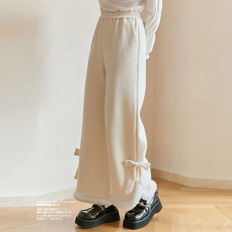 

Pants Woman Japanese Soft Girl Bow Split Plus Velvet Thick Corduroy Wide-leg Pant Fashion Lose Oversize Sweatpant Women Clothes