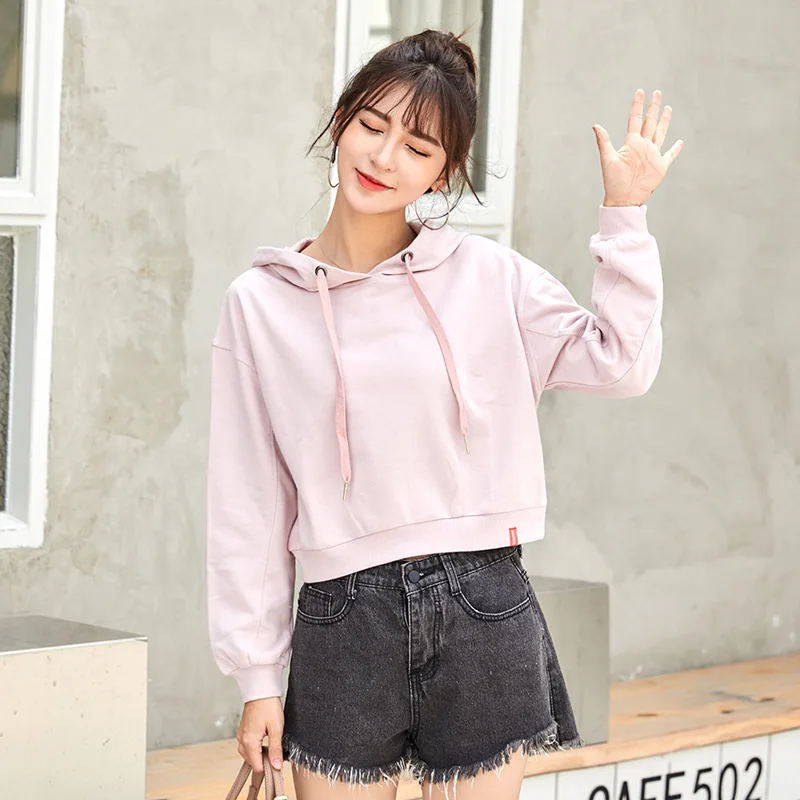 

2019 Autumn New Korean Street Fashion Women Long Sleeves Solid Color Hooded Sweatshirt Women'S Short Pullovers Moletom Feminino