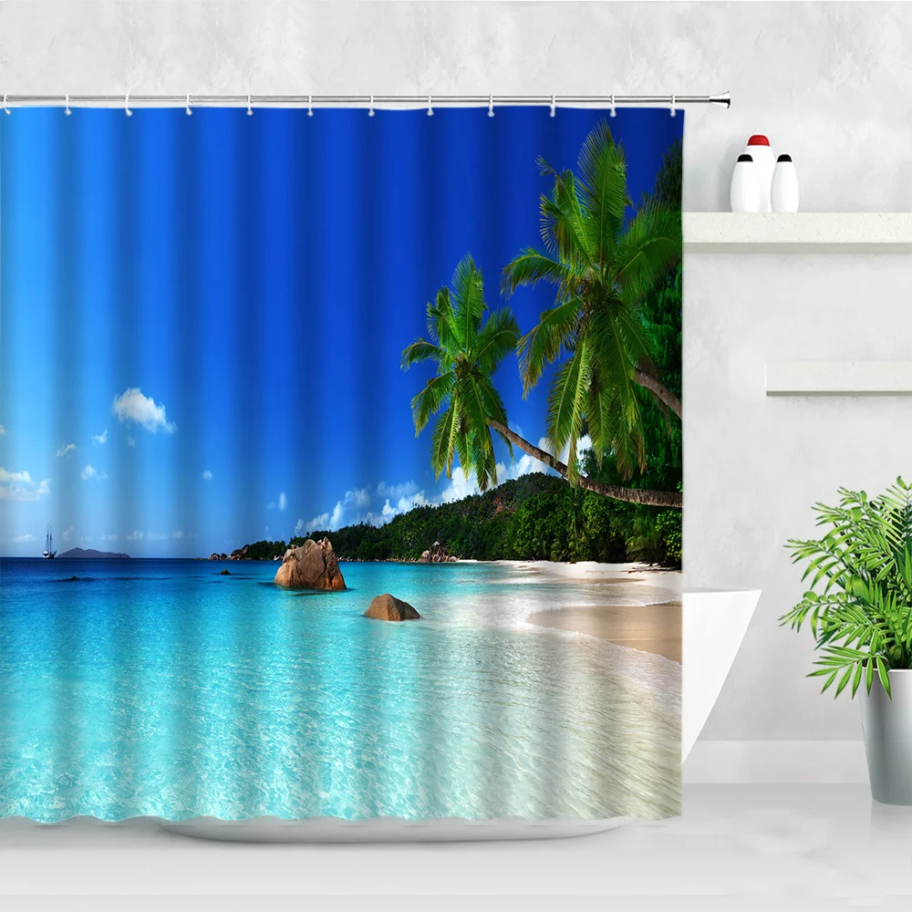 

Ocean Landscape Beach Palm Trees Mountain Forest Seaside Scenery Bathroom Shower Curtain Modern Waterproof Home Decor Curtains