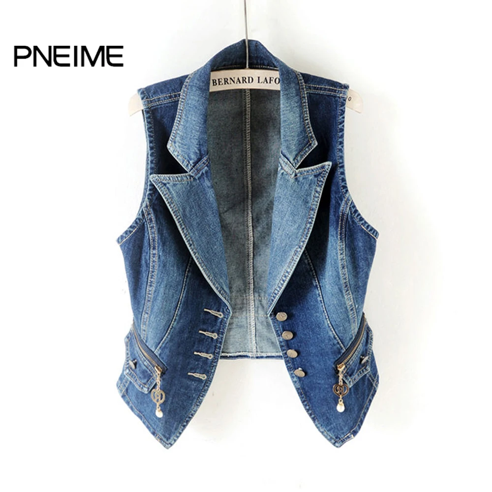 

Женский джинсовый жилет в Корейском стиле, короткий Универсальный приталенный джинсовый жилет без рукавов с воротником-костюмом в стиле ре...