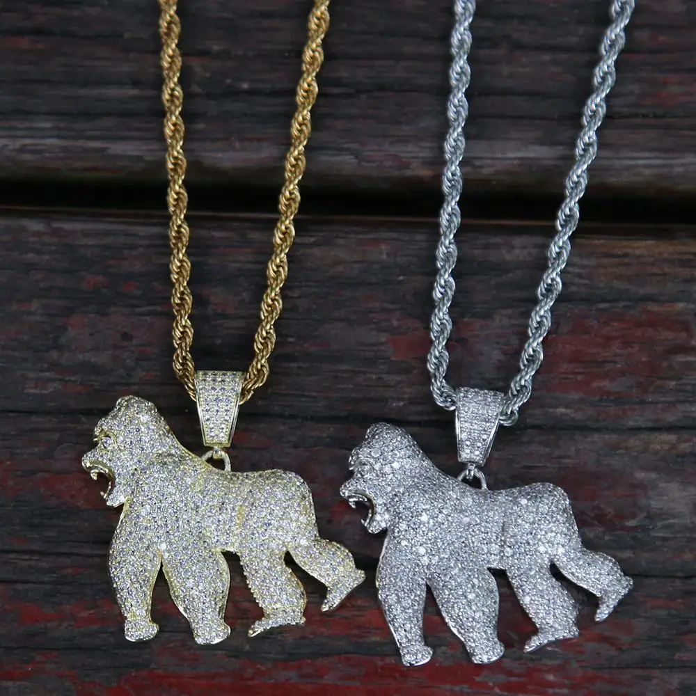 Ожерелье King Kong полностью AAA CZ Циркон Bling Iced Out животное Горилла Подвески ожерелье