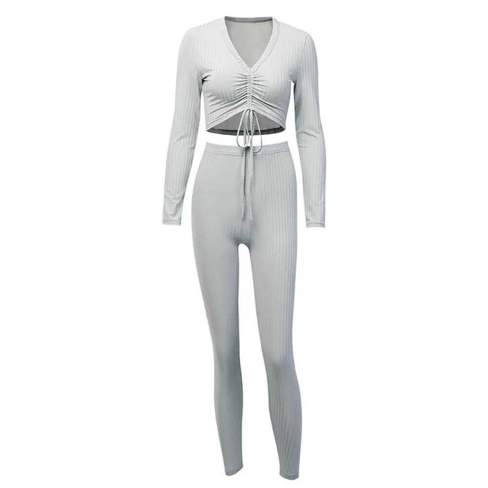 

Women Knit Solid Set Long Sleeve V-neck Top With High Waist Long Pants Ladies 2pcs Tracksuit Set Casual Slim Suits