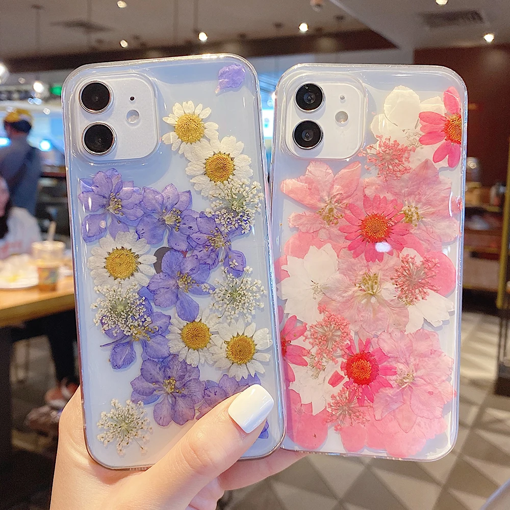 

Glitter Dried Flower Clear Phone Case for IPhone 12 Mini 11 Pro Max XS Max XR X 8 7 Plus SE 2020 Soft Silicone Cover Funda Coque