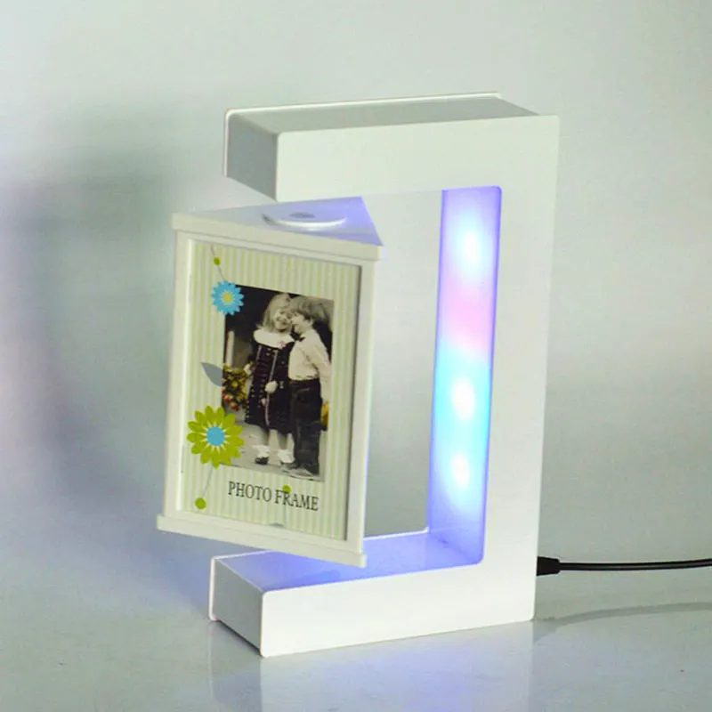 E Shape Magnetic Levitation White Floating Photo Frame with Colorful LED Lights for Girl Friend Birthday Gifts Home Decoration