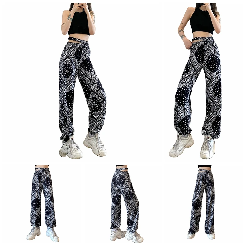 

2021 New Womenâ€™s Summer Straight Casual Trousers Fashion Printing Hollow High-waist Elastic Feet Long Pants