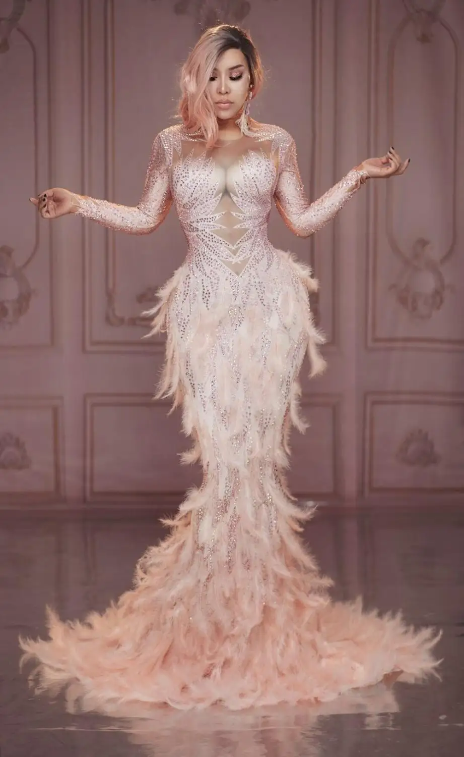 

stage show sparkly costume Pink angel baby feather dress Female singer performance clothing Nightclub Bar party evening dresses