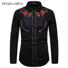 Мужская модная рубашка с вышивкой, мужские рубашки в западном стиле США, Повседневная приталенная рубашка с длинными рукавами и вышивкой розы