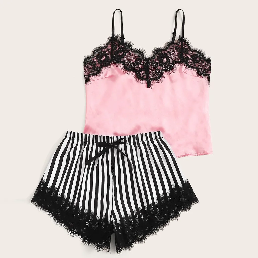 

Sexy Women Striped Satin Silk Lace Sleepwear Lace Floral V Neck Sleeveless Lingerie Tops+Nightwear Shorts Women Pajamas Sets