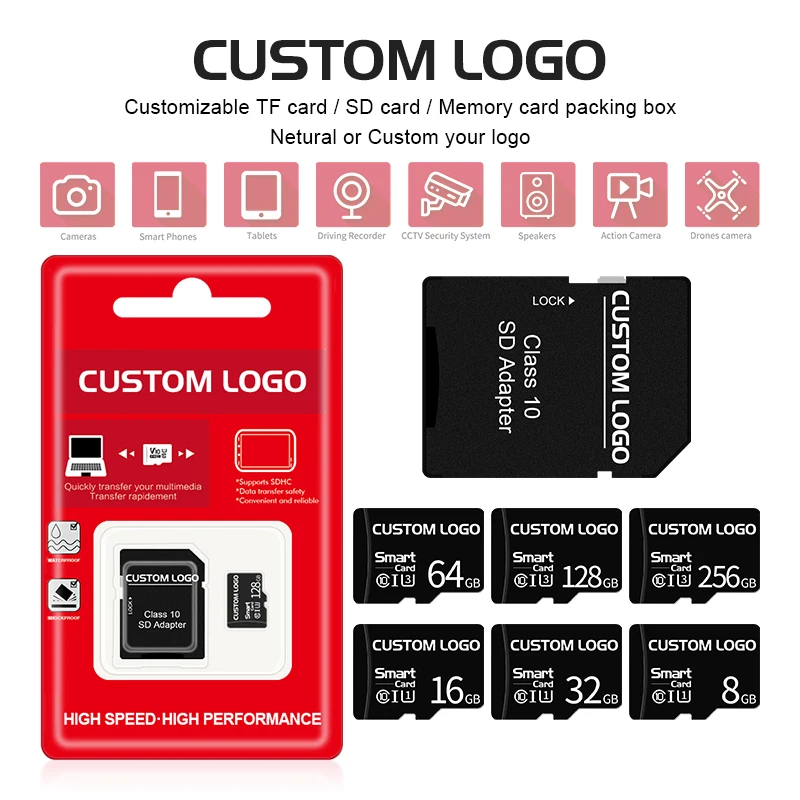wholesale free customs logo 100 pcs lot micro sd card 64gb 32gb 16gb 8gb 4gb 2gb 1gb sdhc flash sd memory card with packaging free global shipping