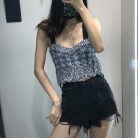 womens fashion texture short tweed knitted vest suspenders retro square collar sleeveless bottoming plaid halter female top