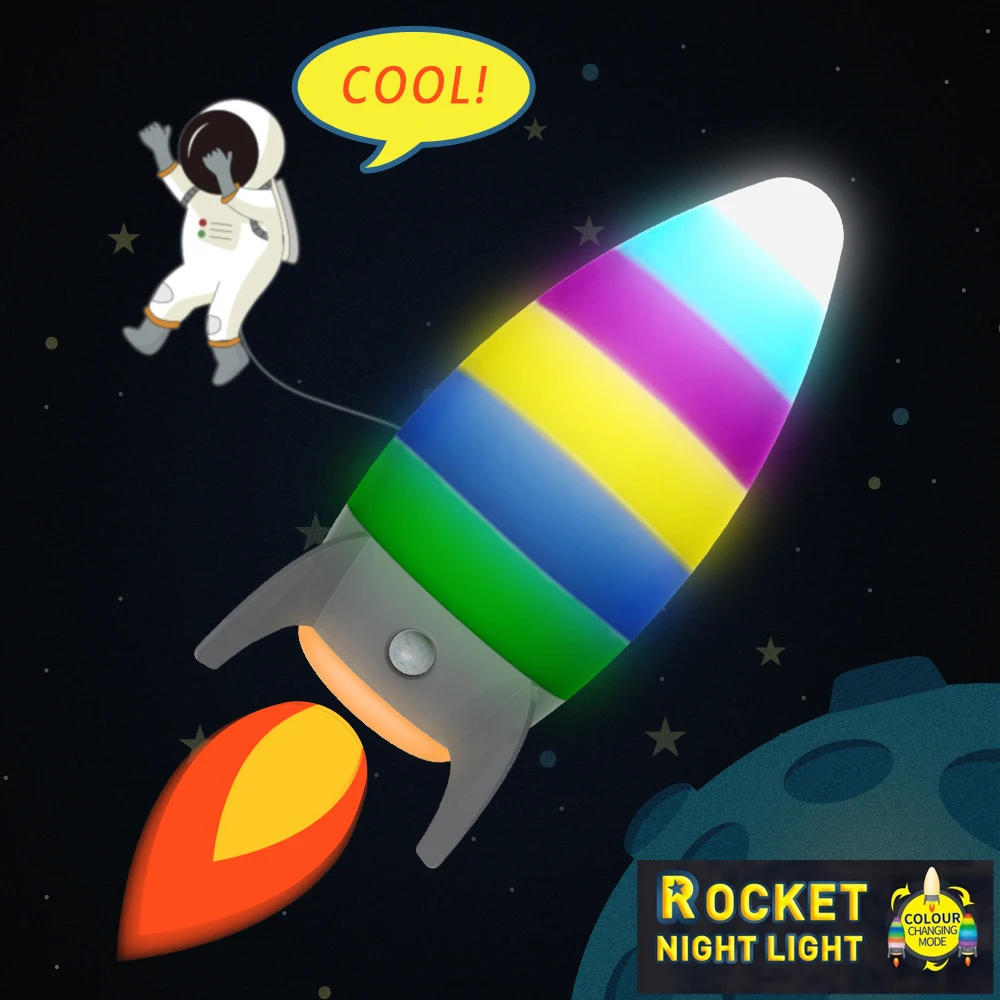 

Rocket Spaceship Bedside Lamp RGB Color-Changing Motion Sensor Night Light Warm White Holiday Xmas Kids Gifts Baby Room Bedroom