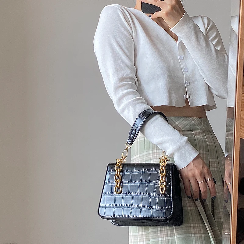 

New Design Crocodile Print Chain Bag Female New Retro Box Bags Shoulder Bag Women Purses And Handbags