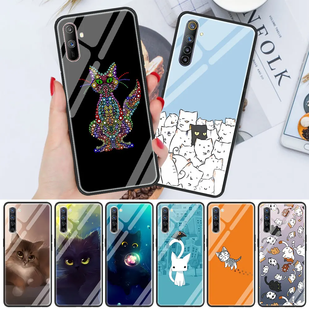 

Glass Cover Case for Realme XT C3 5 6 7 7i Pro Soft Edge Shell for Oppo A52 A9 Find X2 Lite Shell Funda Cartoon Cat