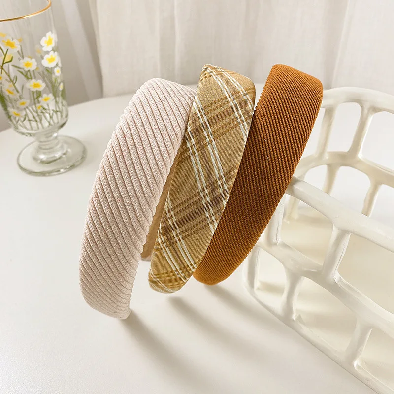 

1Pcs Vintage Plaid Striped Headband Solid Color Wide Hair Band Headwear Fashion Hair Accessories For Woman