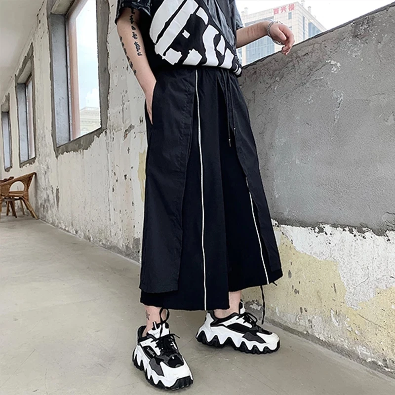 Men's Wide Leg Pants Summer New Personality Stitching Dark Hair Stylist Style Fashion Casual Loose Large Size Nine Minutes Pants