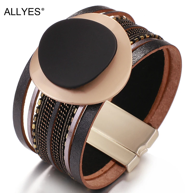 Женский кожаный браслет ALLYES Boho широкий матовый с металлическими вставками