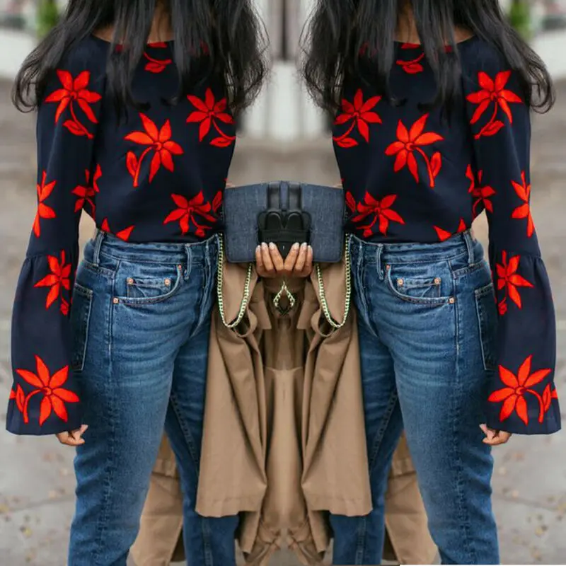 

2019 Autumn Women T-shirts Loose casual T-Shirt Round Neck Long Trumpet Sleeve Tunic Flower print Women T Shirts Tops