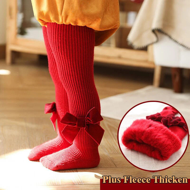 

Christmas Tights for Girls Leggings Knitting Red Fleece Bow Decoration Pantyhose Spanish Styles Children's Socks New Year
