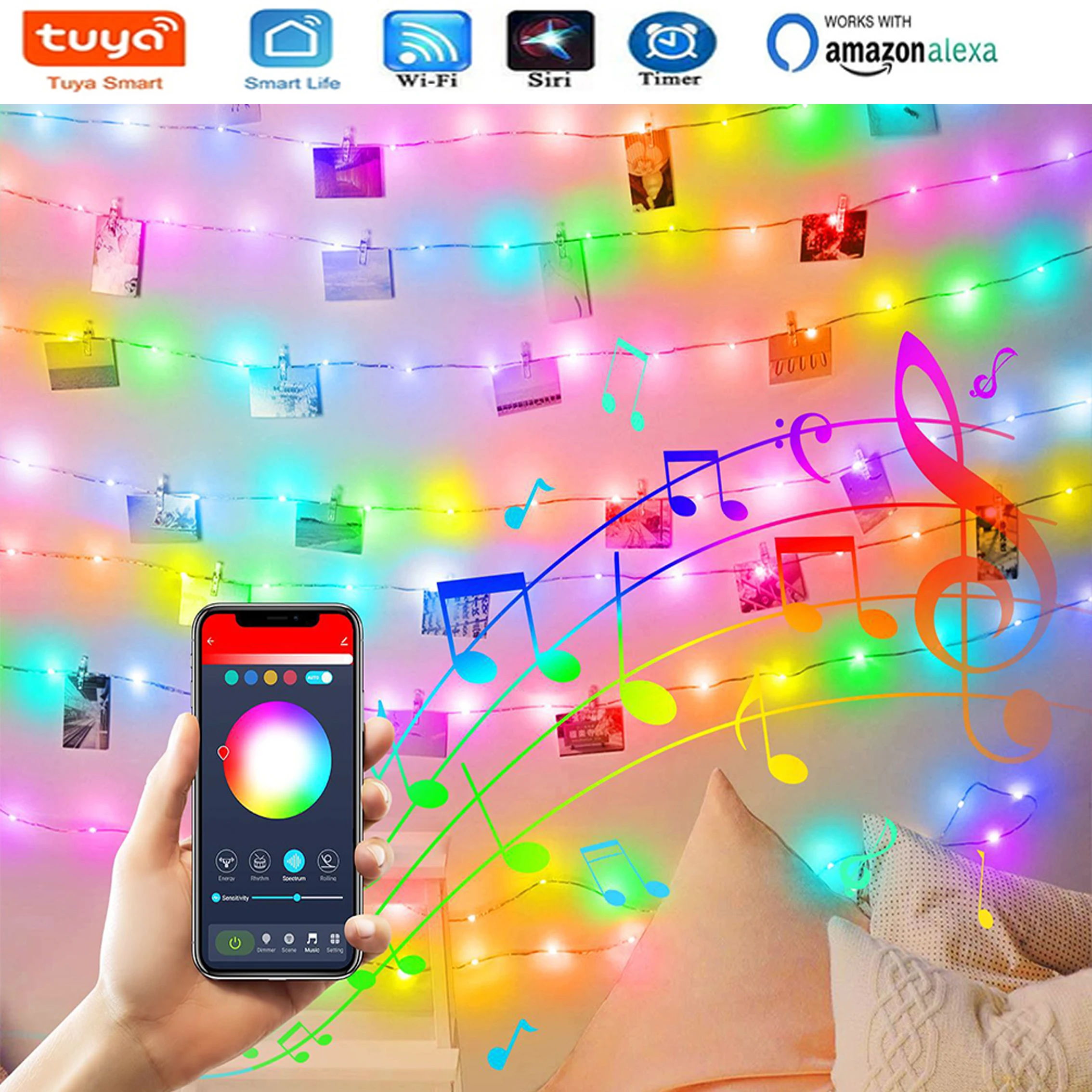 

СВЕТОДИОДНАЯ Гирлянда Tuya с Wi-Fi, умный зажим для фото, Модернизированный USB-провод питания, подвесные сказочные огни, работает с Alexa/Google Assistant