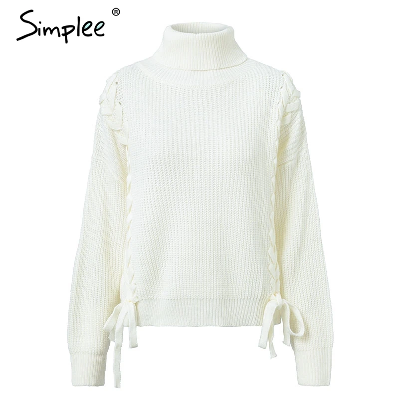 Simplee Side lace up sweaters woman winter 2018 Turtleneck batwing sleeve Loose pullover casual women jumper pull femme | Женская одежда