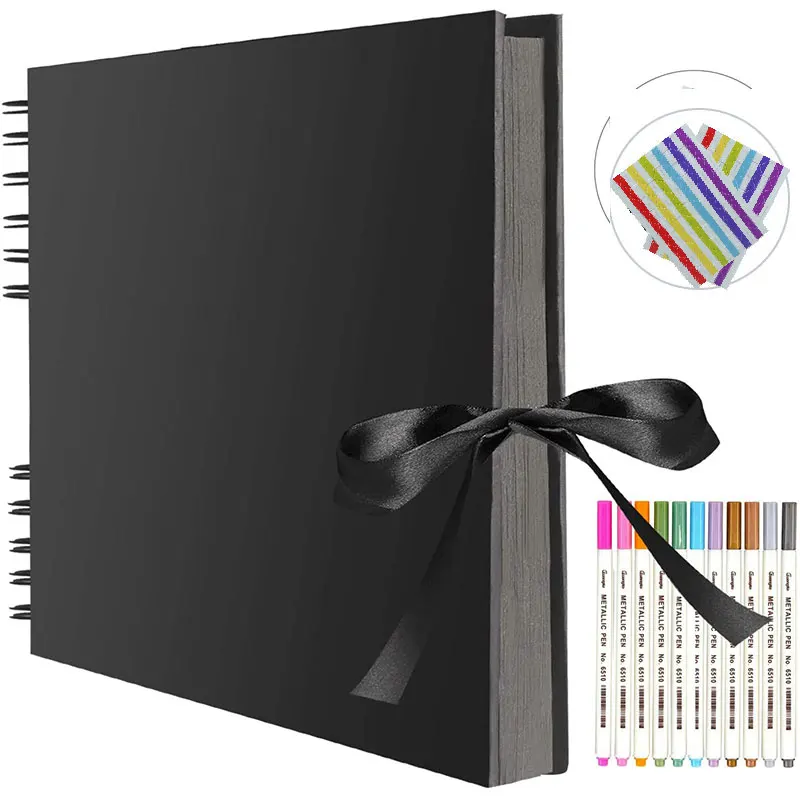 

Photo album 80 black pages 11.4 x 8.5 inches A4 paper for DIY craft scrapbooking with 12 metal markers for Wedding Birthday Gift