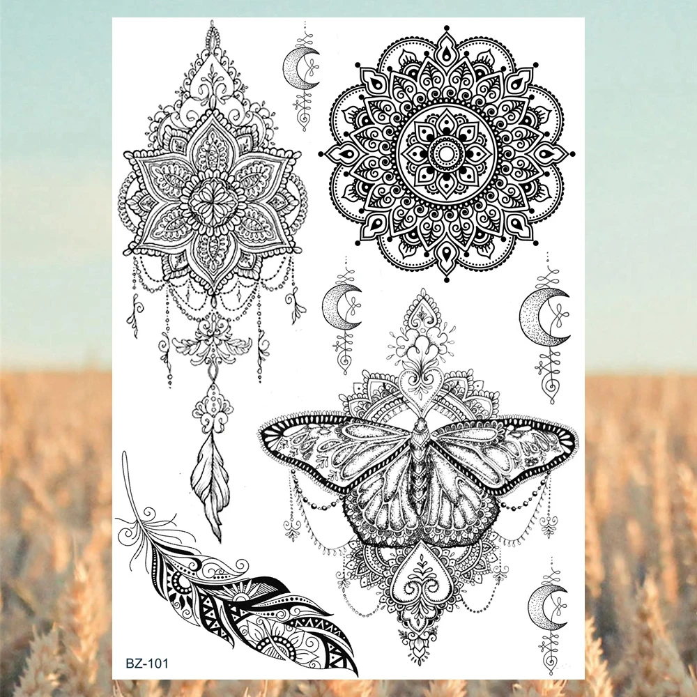 Черная хна Лотос кулон обнаженной груди Мандала перо Временные татуировки для