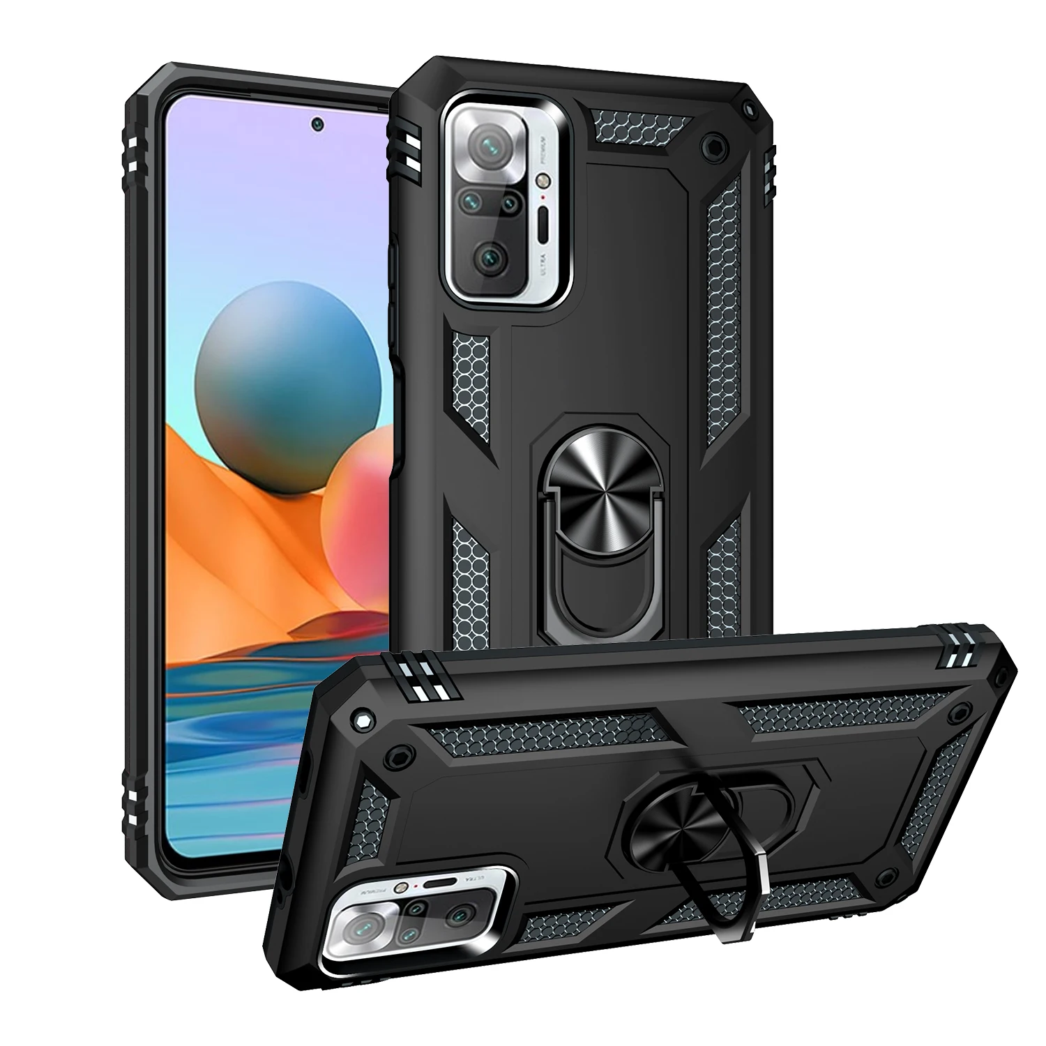 

Fashion Shockproof Armor Rugged Phone Case For Xiaomi Redmi Note 10 Pro Max Car Magnetic Ring Holder Kickstand Protection Cover