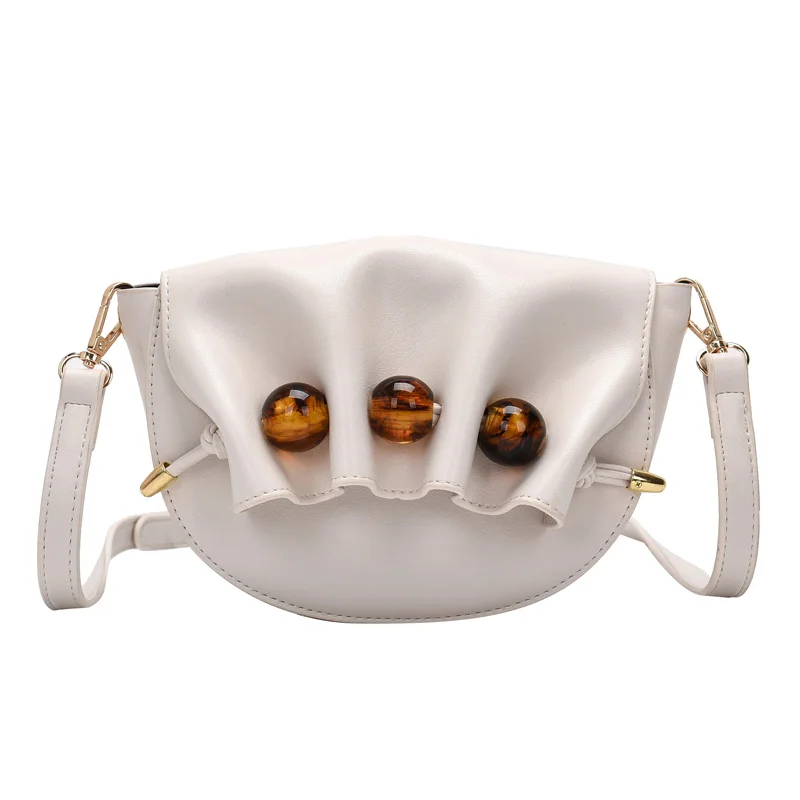 

Fold Saddle Bag Small PU Leather Shoulder Bags for Women 2021 Summer Handbags Female Bead Design Travel Crossbody Bag