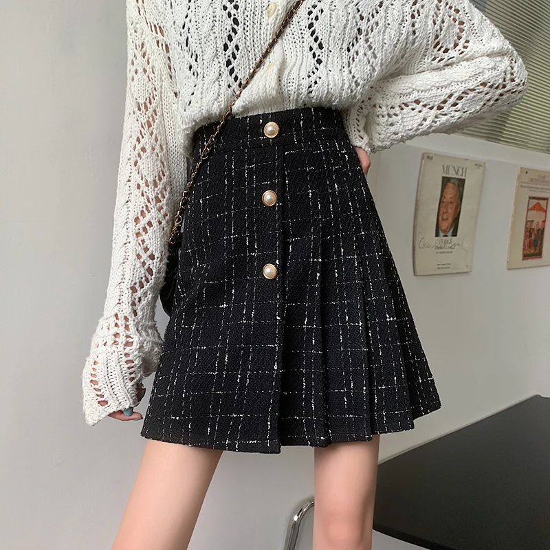 

Pearls Buttons Plaid Tweed Skirts Women High Waist Pencil Wool Mini Jupe Autumn Winter Korean Vintage Black Skirt Saia Feminina