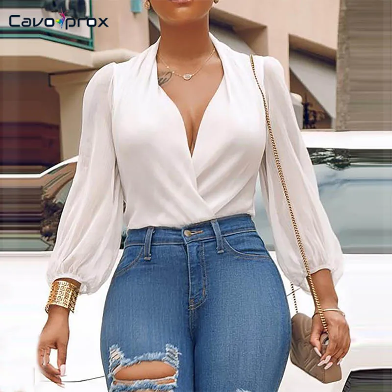 Женские шифоновые боди с длинным рукавом и v-образным вырезом сексуальные