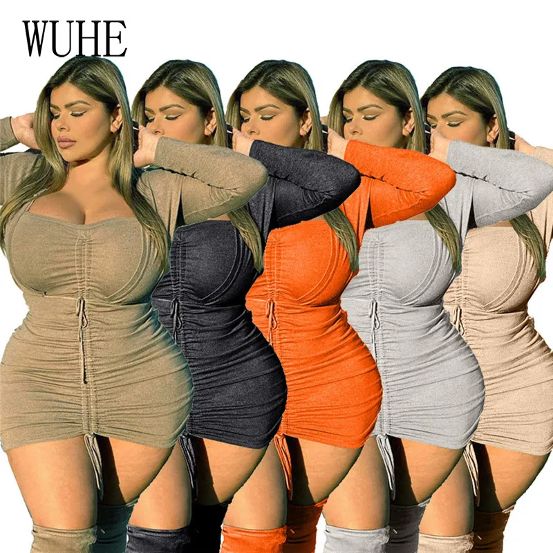 

Женское мини-платье со шнуровкой, квадратным вырезом и длинным рукавом