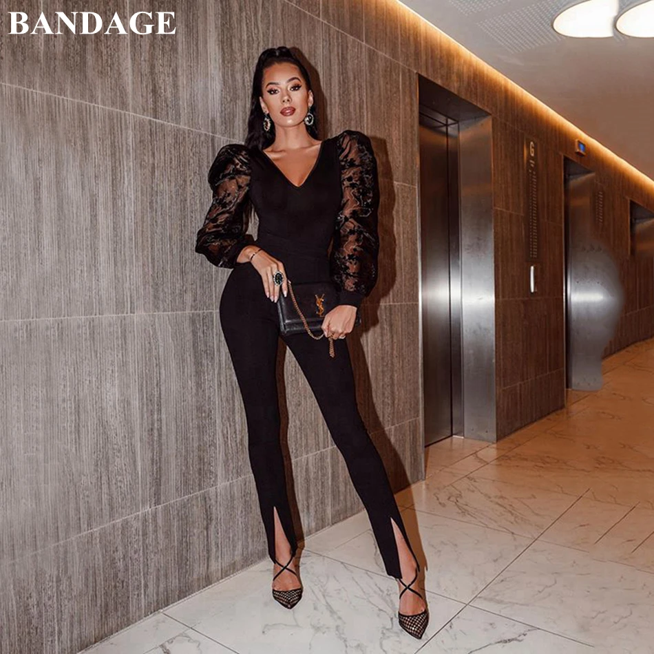 Женский бандажный комбинезон черный сетчатый с рукавами фонариками вечерние