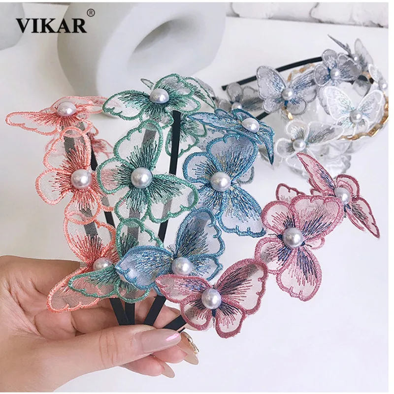 Женский ободок для волос VIKAR простой сетчатый с бабочками и жемчужинами