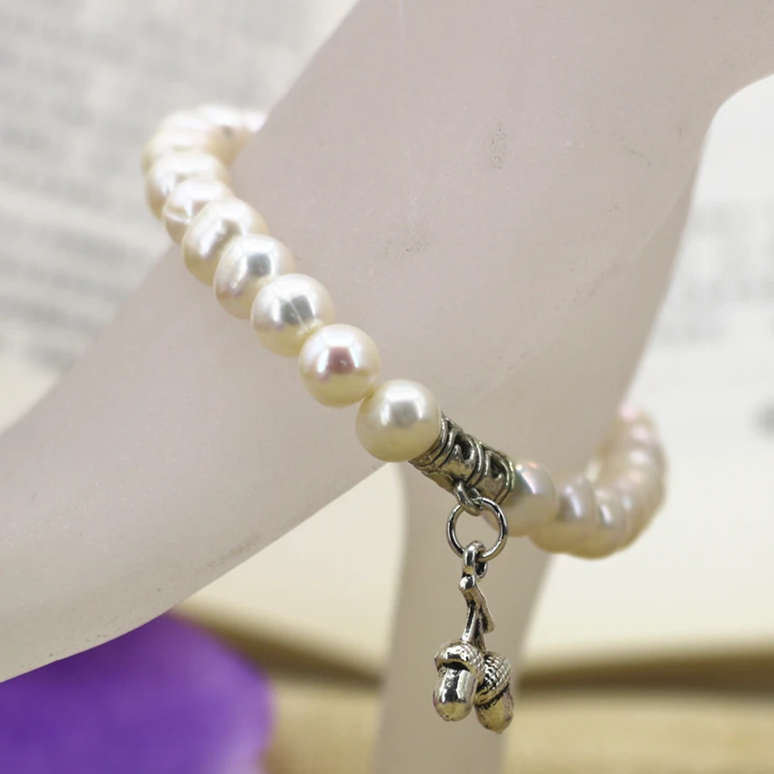 Original diy white 7 8mm natural freshwater cultured thread pearl beads strand elastic bracelet women jewelry 7.5inch B3117|elastic bracelet|bracelet
