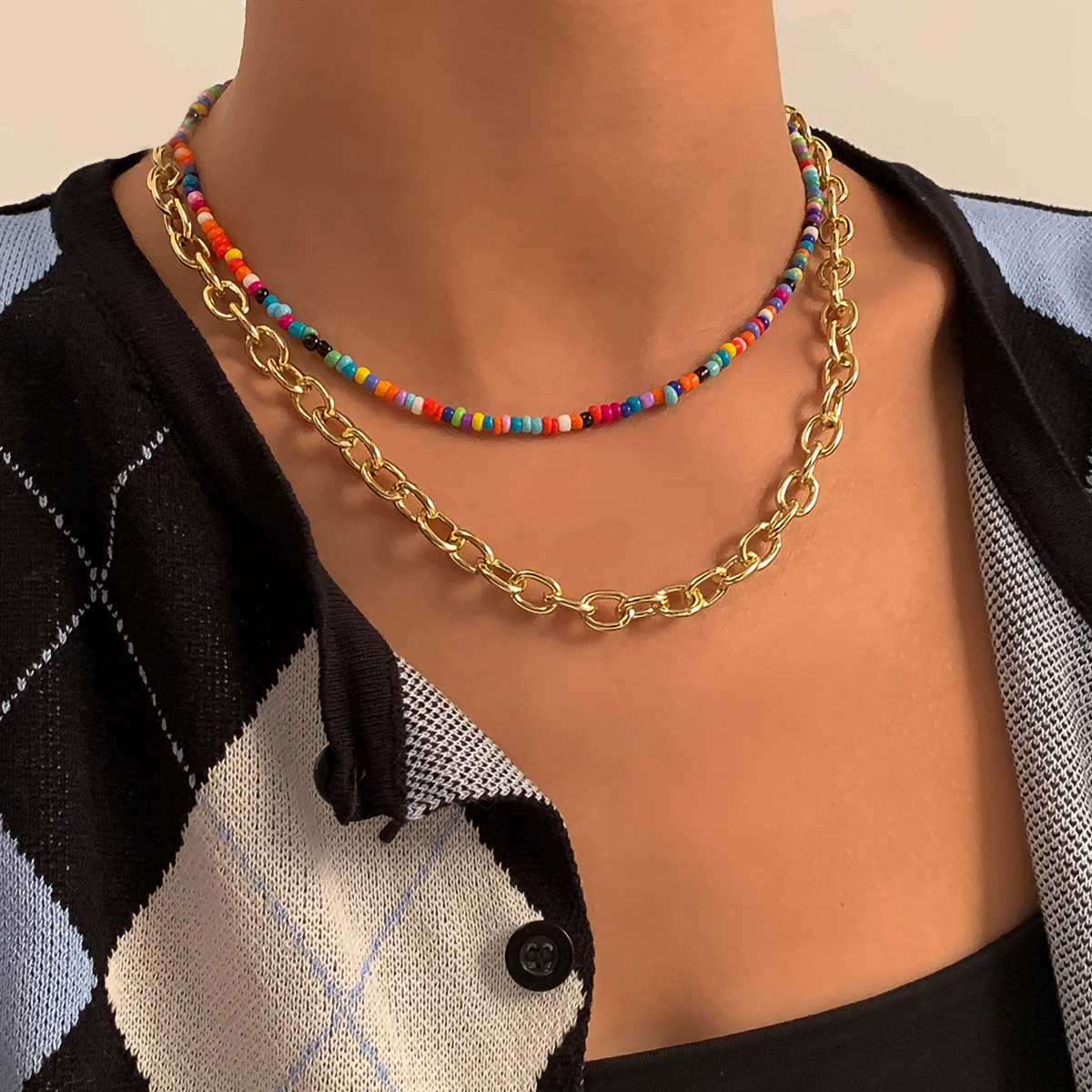 

IngeSight.Z 2Pcs/Set Colorful Seed Beaded Choker Necklace Multi Layered Chunky Miami Curb Cuban Chain Collar Necklaces Jewelry