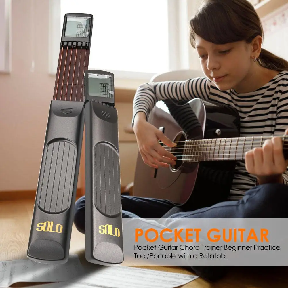

Portable Pocket Guitar 6 Strings Trainer with Chord Chart Screen Finger Exerciser Beginner Practice Tool