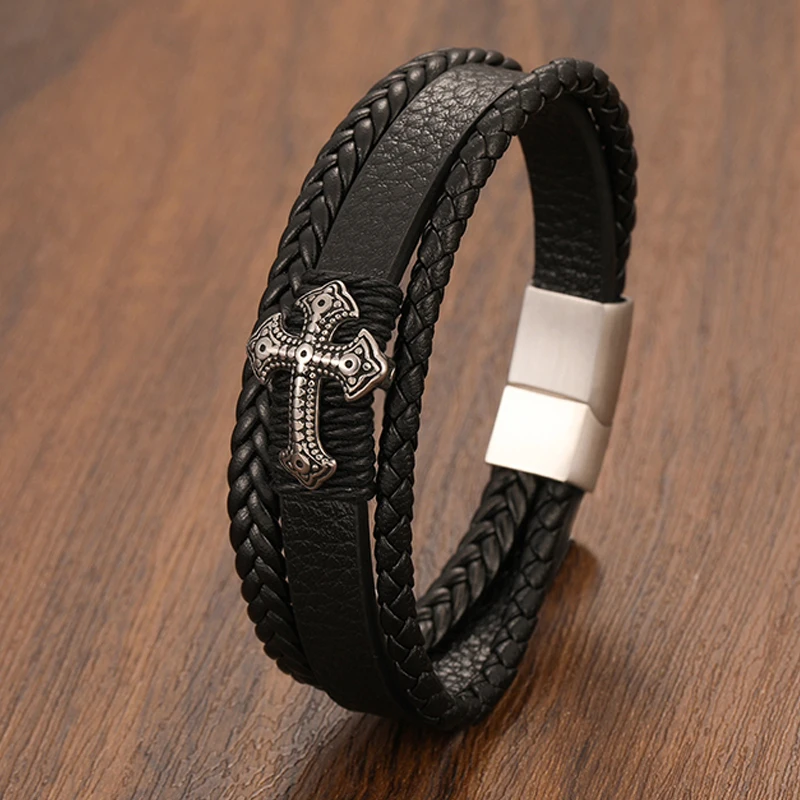 

Men's Leather Multi-layer Bracelet Black Leather Stainless Steel Cross Bracelet Stainless Steel Magnetic Buckle Jewelry Gift