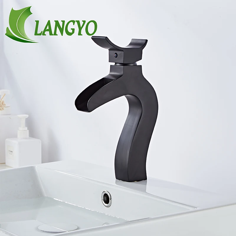 

LANGYO Bathroom Black Basin Mixer Faucet Cold Hot Waterfall Spout Deck Mount Taps Single Handle Hole Faucets