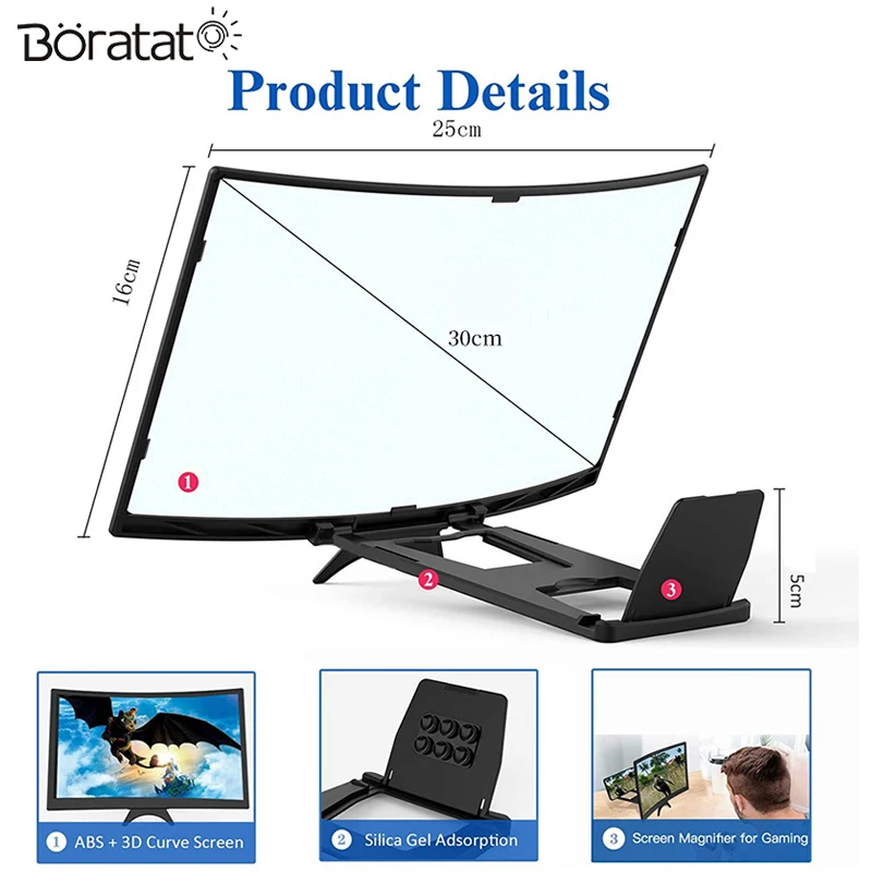 12 inch curved screen amplifier blu ray ultra clear surface mobile phone screen projection cinema amplifier desktop bracket free global shipping
