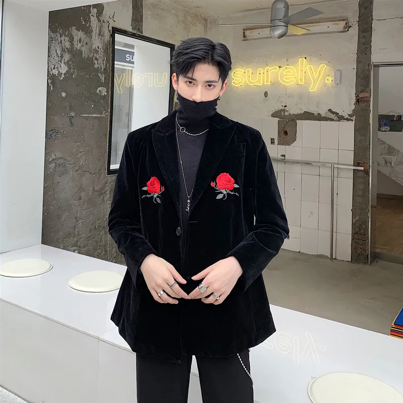 Розовый вышитый блейзер в стиле ретро мужской повседневный бархатный пиджак