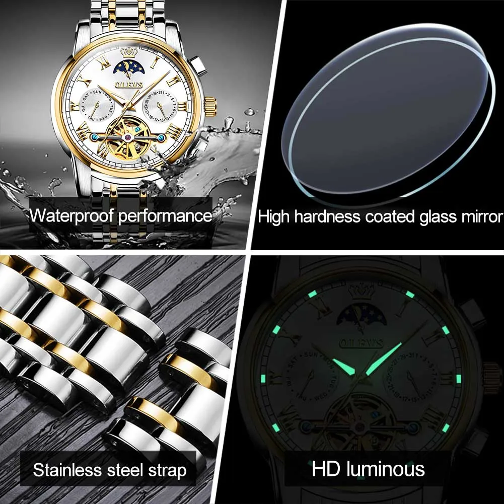 OLEVS Мужские автоматические наручные часы с турбийоном механические из