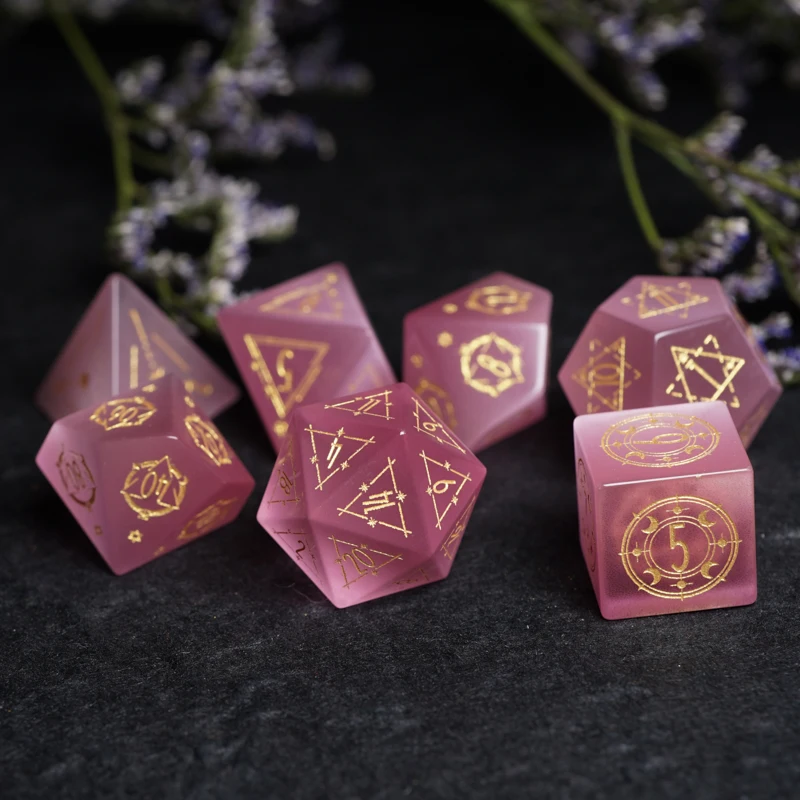 Handmade Gemstone Pink Cats Eye Dice Set Magic Symbol Energy Sign Geometry Dice Cthulhu Polyhedral Dice For D&D RPG Board Games
