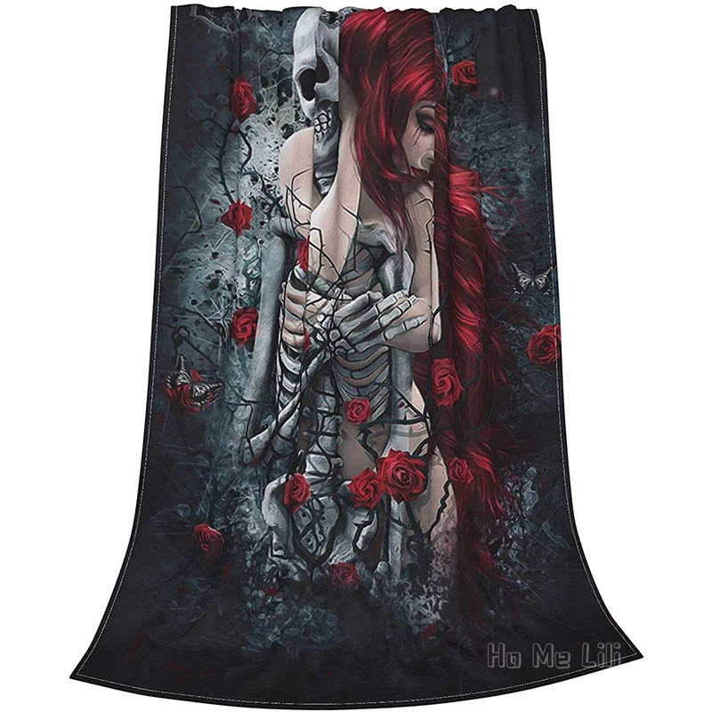 

Фланелевое Одеяло для женщин, готическое одеяло с красными волосами и черепом, со скелетом и розами, в стиле Ho Me Lili, ультрамягкое, для использования в гостиной