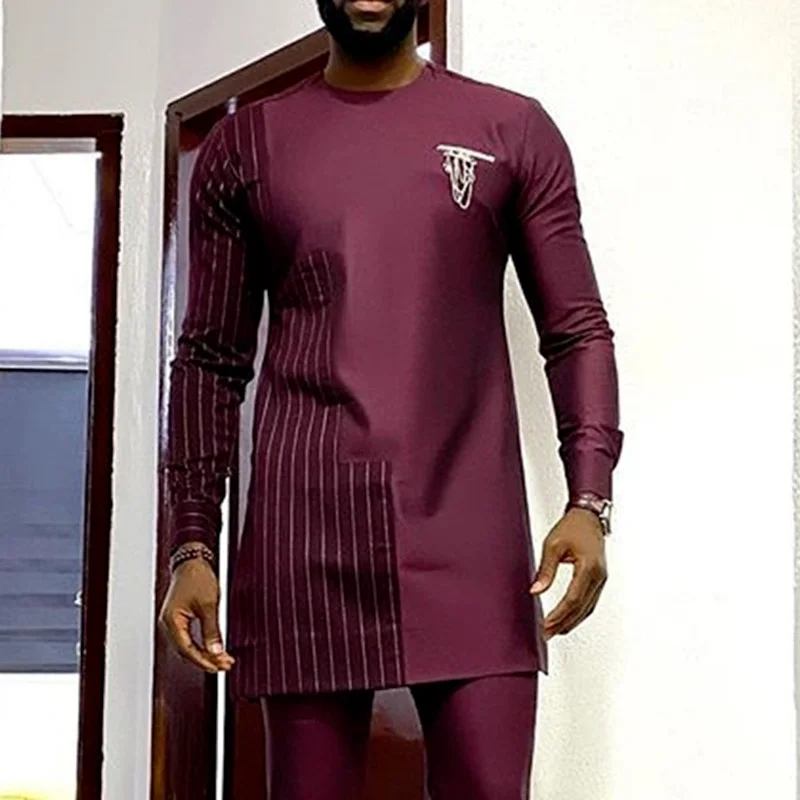

African Men's Shirts Mid Length Round Neck Long Sleeve T-shirt Male 2022 Spring Traditional Plus Size Slim Dashiki Clothes Man