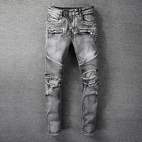 american street style fashion men jeans retro gray destroyed spliced designer ripped jeans for men hip hop punk biker pants