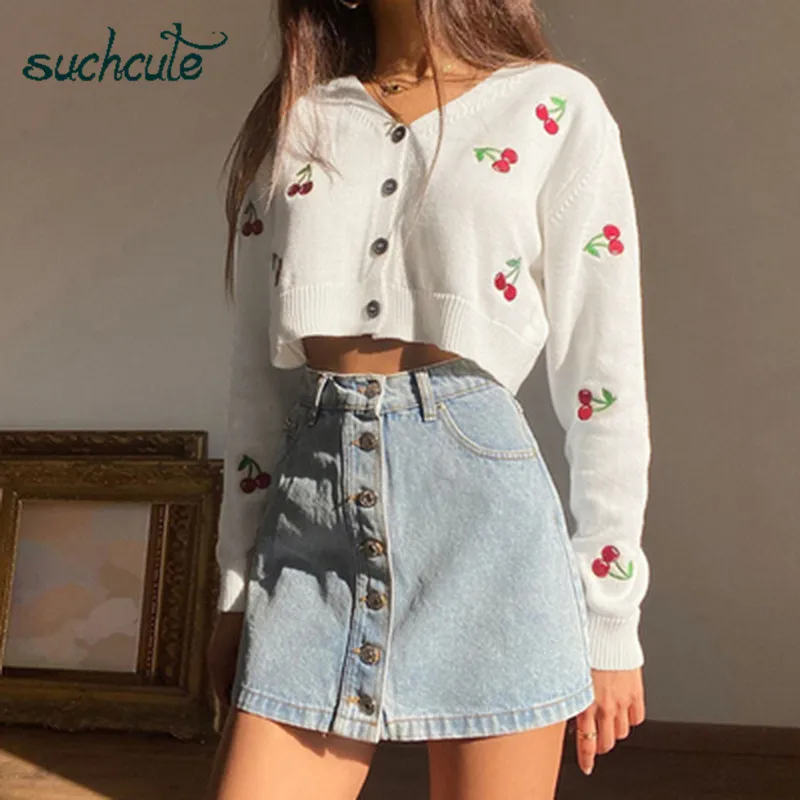 

SUCHCUTE Female Cropped Jacket Women embroidery 2020 fashion coat aesthetic Streetwear girl Button Overcoat 90s patry wear