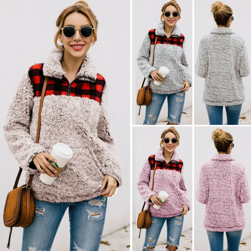 Goocheer Women Fleece Outerwear Fashion Plaid Patchwork Fluffy Thick Sweaters Warm Zipper Pullovers Winter Coat Sherpa Tops | Женская