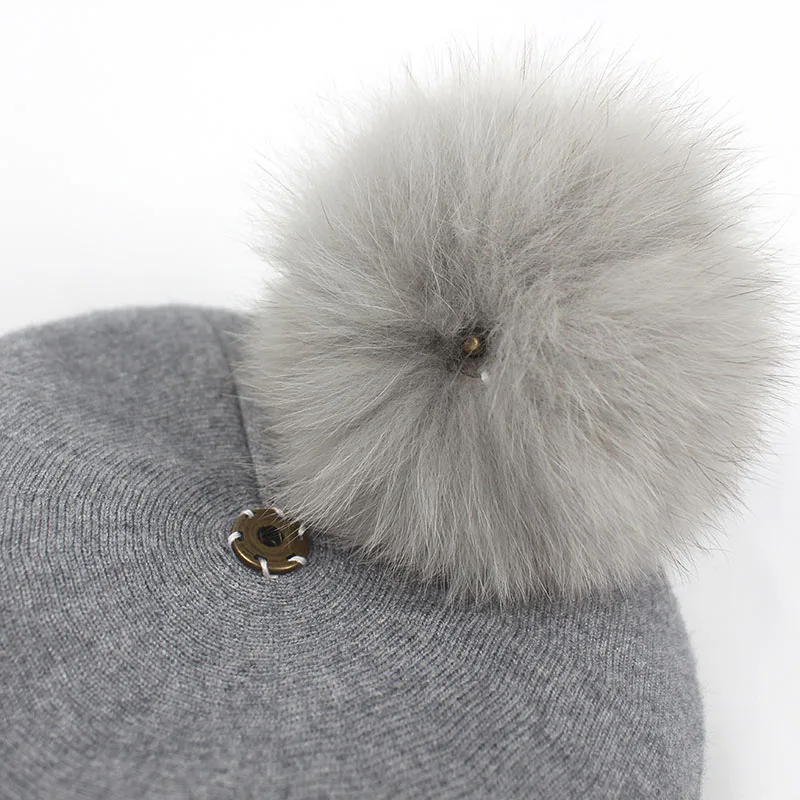 Женский теплый берет Minhui из натурального Лисьего меха зимняя шапка с помпоном