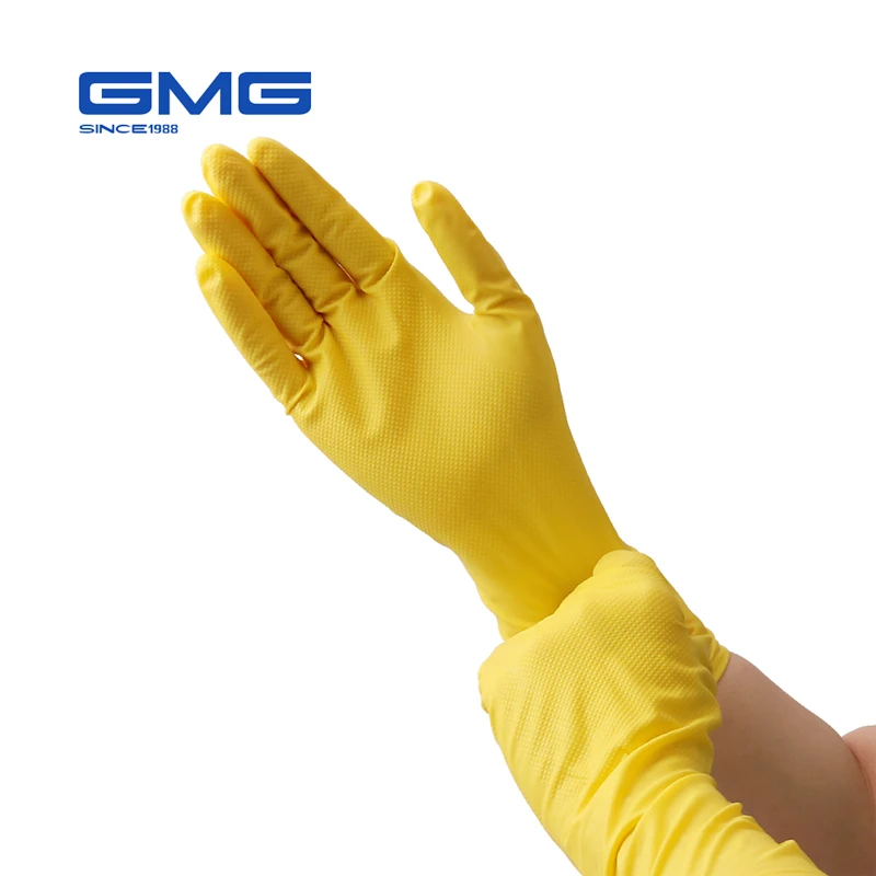 

Gloves Nitrile Waterproof Oil Proof GMG Yellow Green Nitrile Diamond Pattern Work Safety Gloves Nitrile Gloves Mechanic